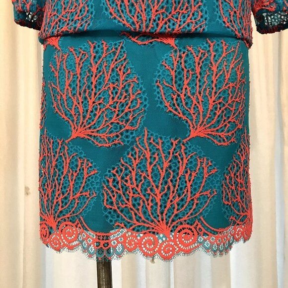 Lilly Pulitzer Cee Cee Dress Blue Snorkel Coral Mesh Lace Size 4 Drop Waist Long - Picture 12 of 15